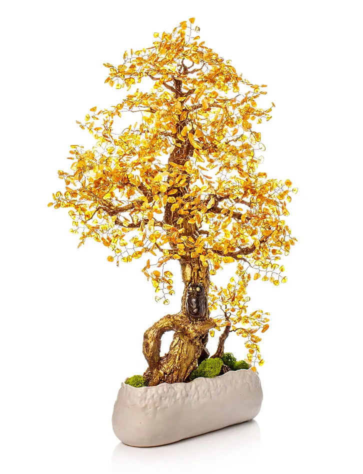 картинка Декоративное дерево из натурального янтаря в керамическом кашпо с фигуркой совы в онлайн магазине