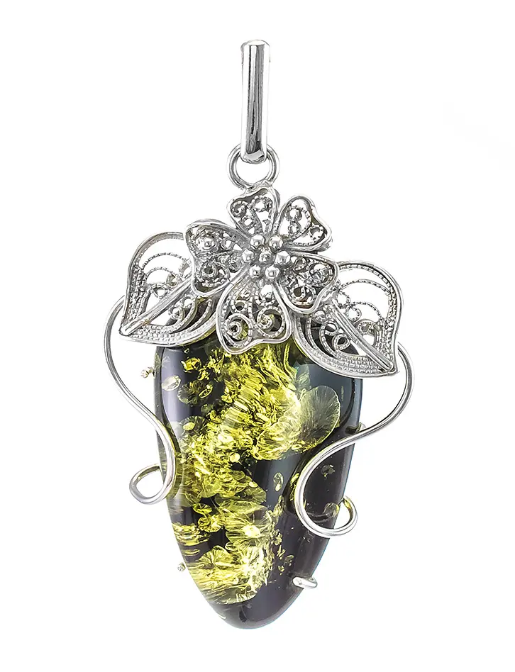 картинка Крупный серебряный кулон из натурального балтийского янтаря зелёного цвета «Филигрань» в онлайн магазине