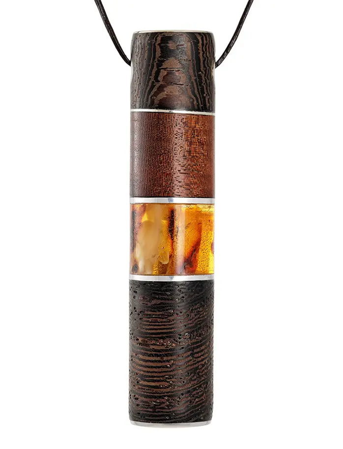 картинка Подвеска-цилиндр «Индонезия» из натурального балтийского янтаря и дерева в онлайн магазине