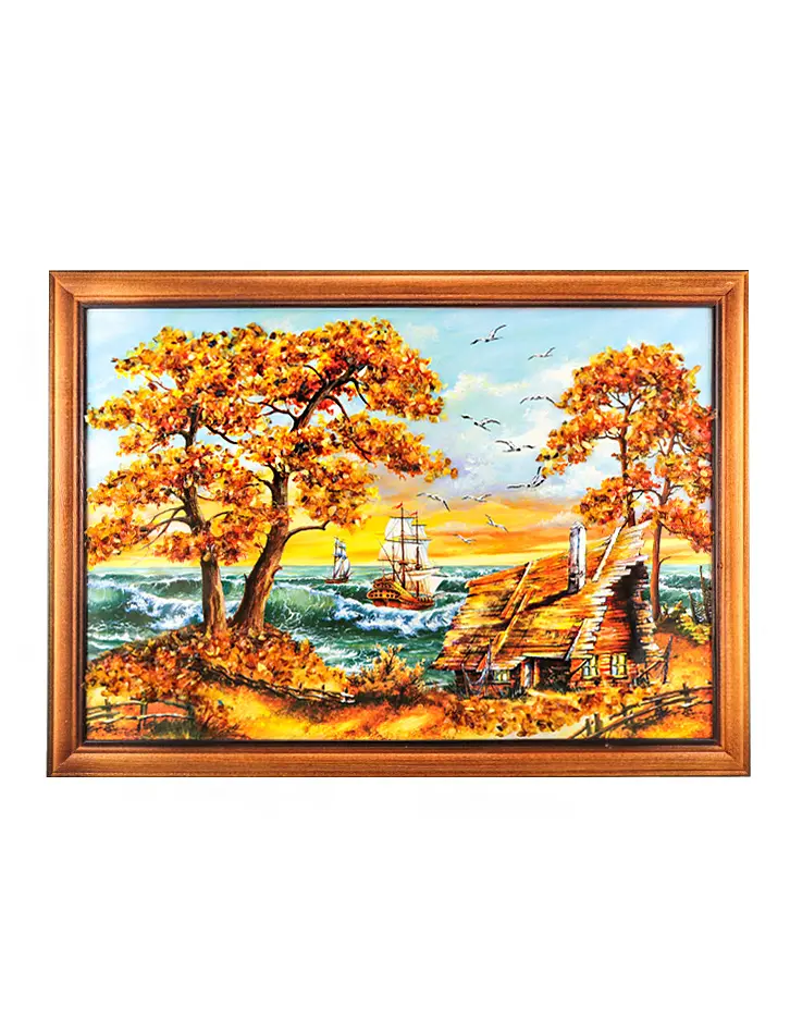 картинка «Рыбацкий домик». Картина горизонтального формата, украшенная янтарем в онлайн магазине