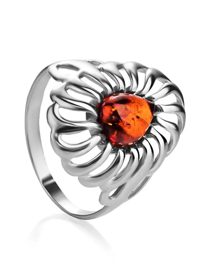 картинка Яркое ажурное кольцо из серебра и коньячного янтаря «Севилья» в онлайн магазине