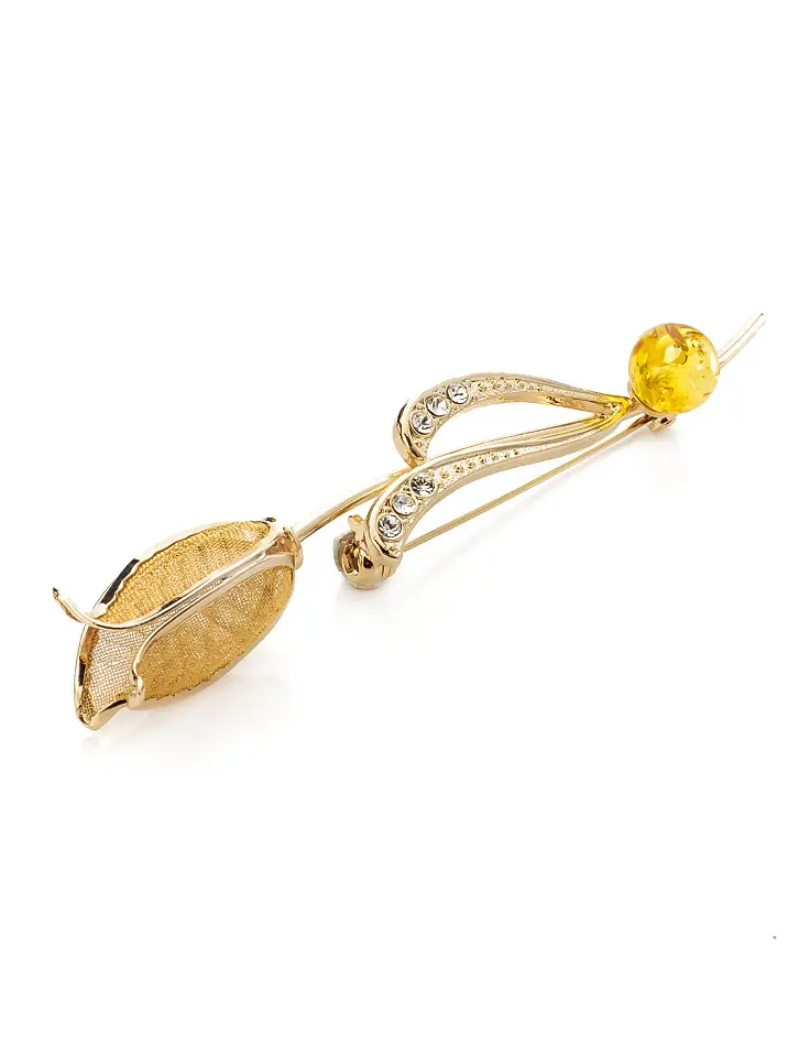 картинка Изящная позолоченная брошь с натуральным янтарём лимонного цвета Beoluna в онлайн магазине