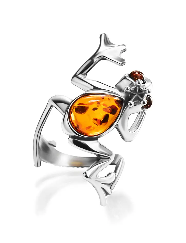 картинка Оригинальное кольцо «Царевна-лягушка» из серебра и коньячного янтаря в онлайн магазине