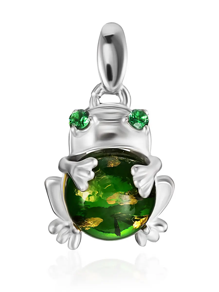 картинка Миниатюрная подвеска с изумрудным янтарём и фианитами «Лягушка» в онлайн магазине