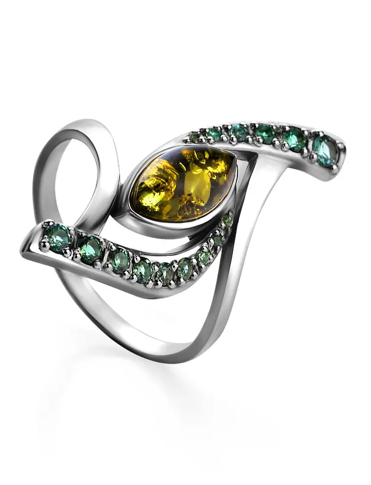 картинка Утончённое кольцо из серебра и натурального янтаря зелёного цвета «Ренессанс» в онлайн магазине