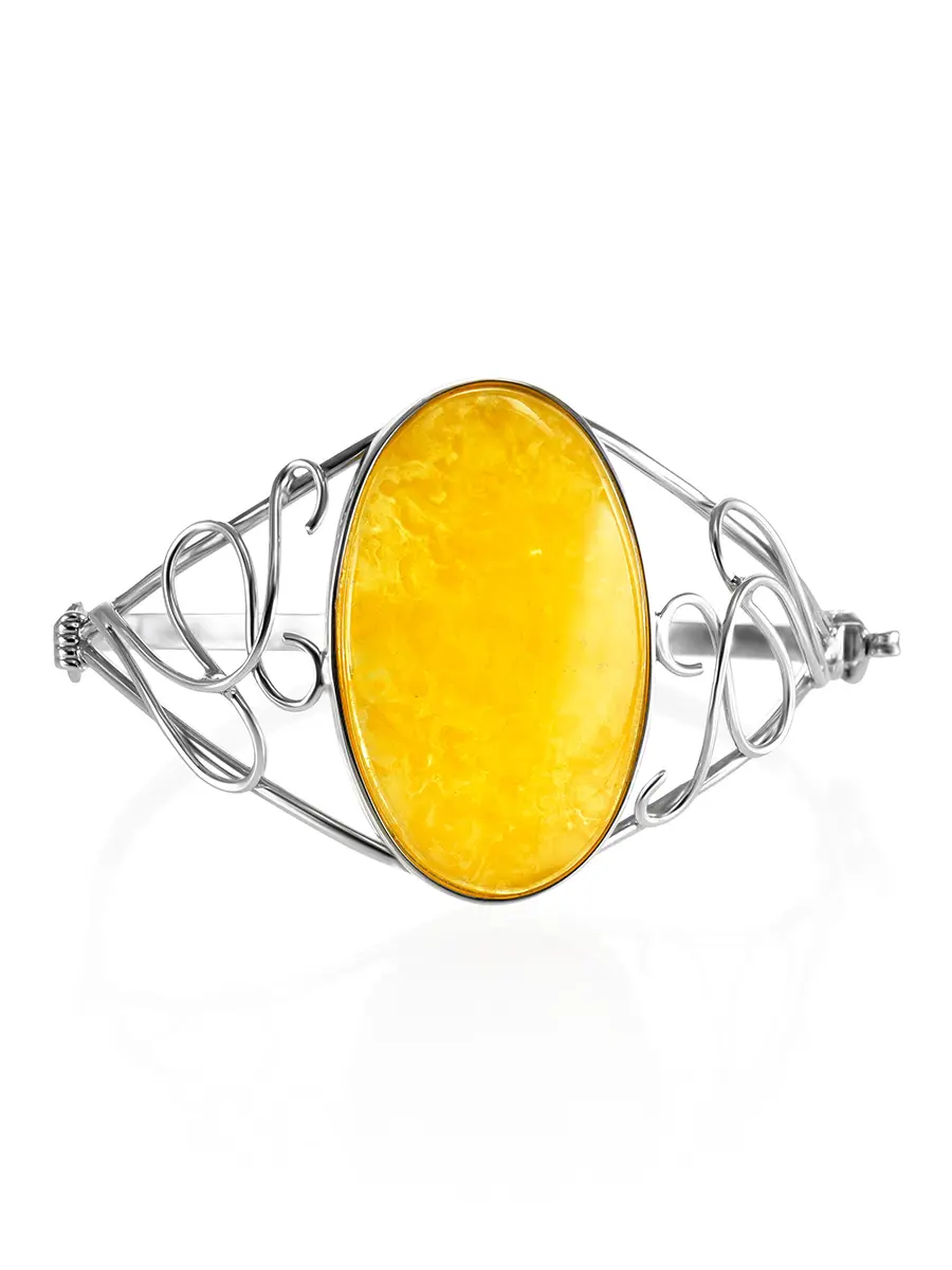 картинка Изящный серебряный браслет с крупным натуральным янтарем медового цвета «Риальто» в онлайн магазине