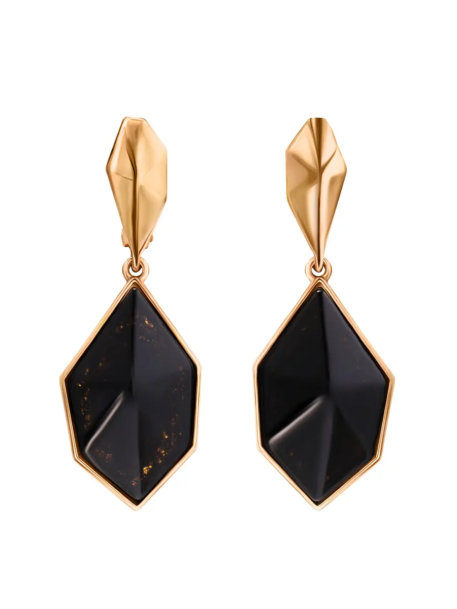 картинка Лаконичные геометрические серьги из позолоченного серебра с вишнёвым янтарём «Бельканто» в онлайн магазине
