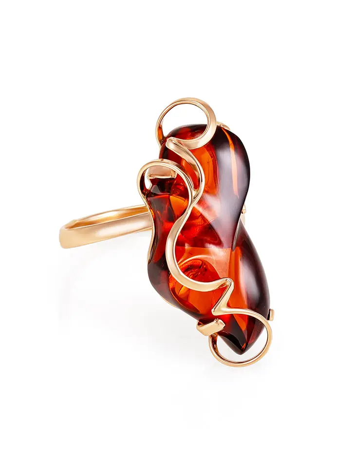 картинка Изящное золотое кольцо с натуральным коньячным янтарём «Риальто» в онлайн магазине