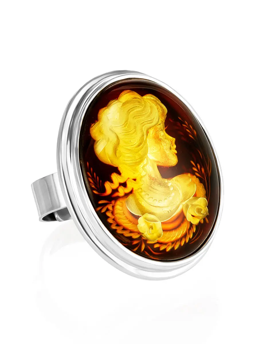 картинка Изысканное кольцо из серебра и натурального янтаря с резьбой-инталией «Элинор» в онлайн магазине