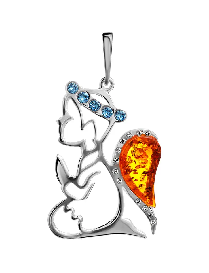 картинка Очаровательный кулон из серебра с янтарём и фианитами «Ангелочек» в онлайн магазине