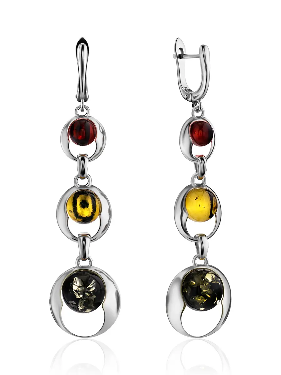 картинка Длинные серебряные серьги со вставками сверкающего янтаря трех ярких оттенков «Орион» в онлайн магазине