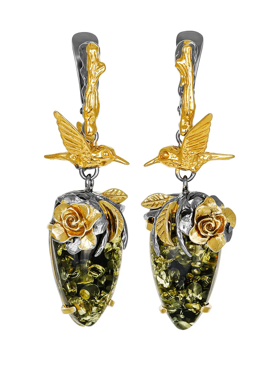 картинка Нарядные серьги «Колибри» с янтарём зелёного цвета в онлайн магазине