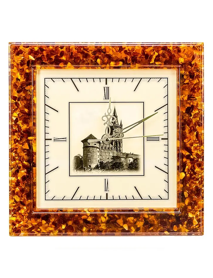 картинка Настенные часы в квадратной янтарной оправе «Королевский замок Кёнигсберга» в онлайн магазине