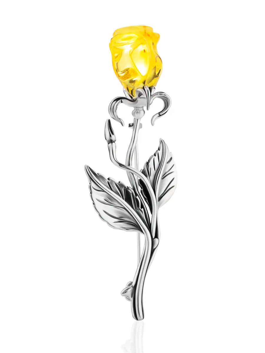 картинка Нарядная брошь с натуральным янтарем лимонного цвета «Роза» в онлайн магазине