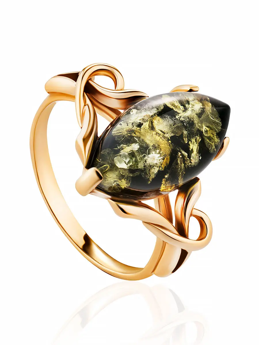 картинка Кольцо из золочённого серебра с натуральным янтарём зелёного цвета «Констанция» в онлайн магазине