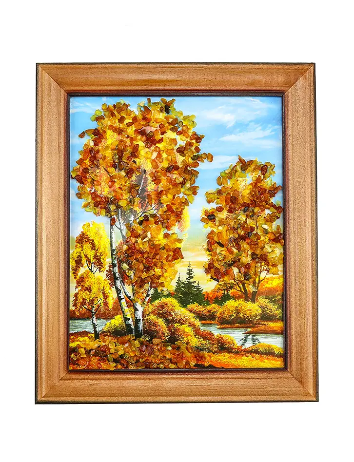 картинка Небольшое вертикальное панно с натуральным янтарем «Золотая осень» в онлайн магазине