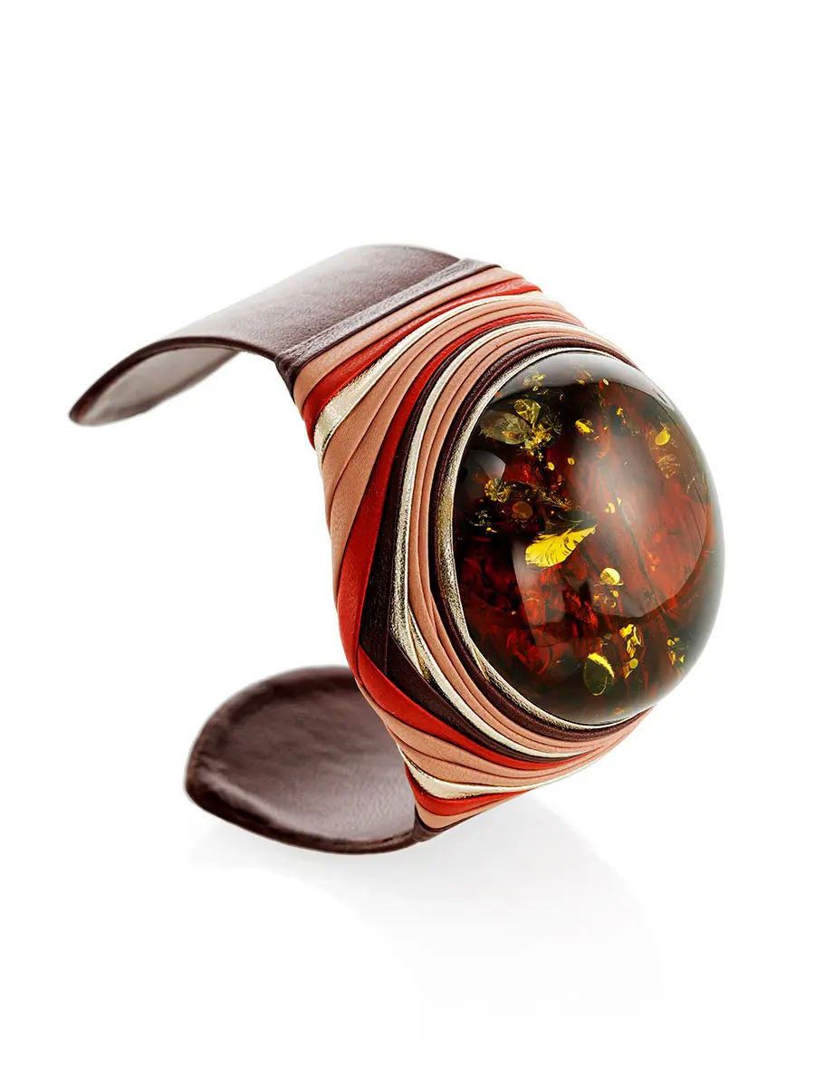 картинка Роскошный жёсткий браслет-манжета из кожи и натурального янтаря «Нефертити» в онлайн магазине