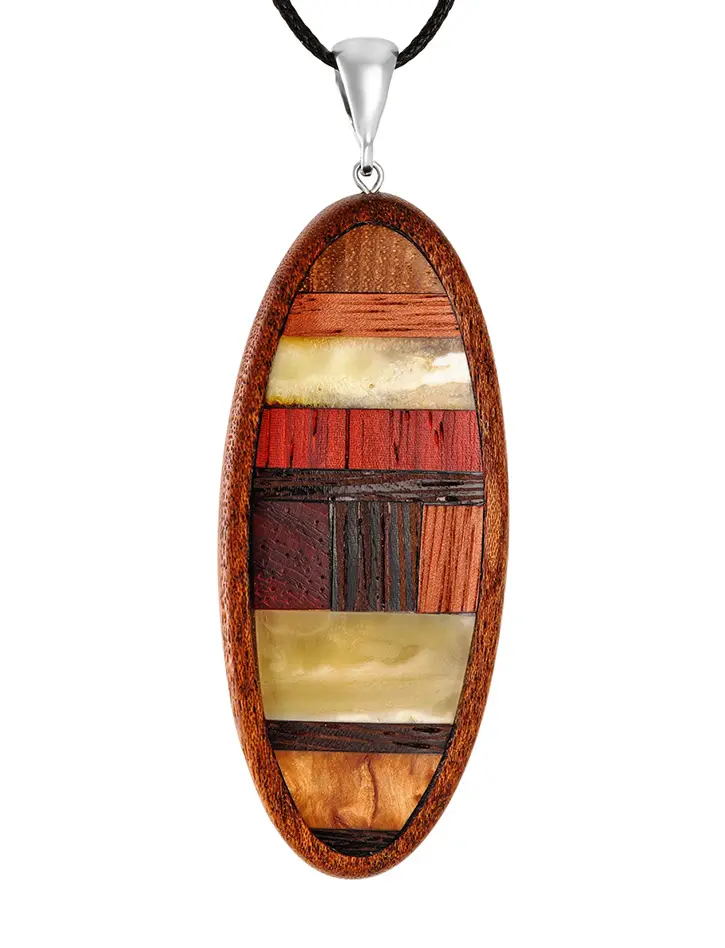 картинка Необычный кулон из янтаря и дерева в стиле унисекс «Индонезия» в онлайн магазине