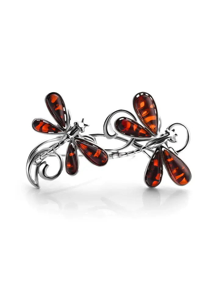 картинка Яркая брошь «Стрекоза» из серебра и натурального балтийского янтаря вишнёвого цвета в онлайн магазине