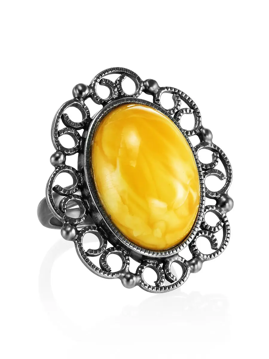 картинка Элегантное кольцо из серебра и натурального балтийского янтаря медового цвета «Винтаж» в онлайн магазине