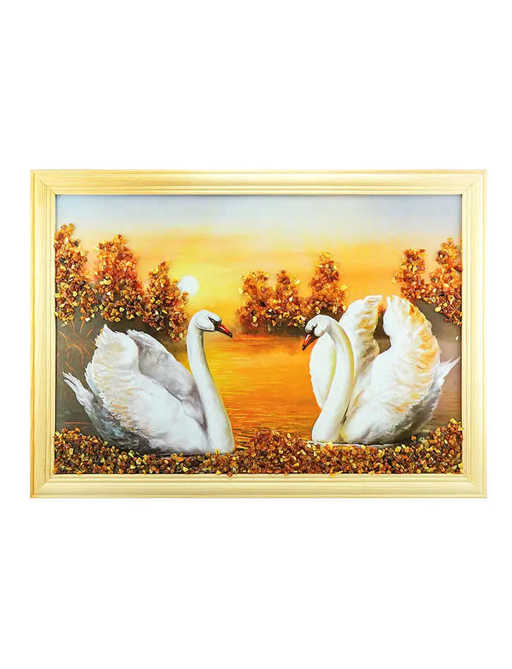 картинка Украшенная янтарём горизонтальная картина «Лебединая верность» в онлайн магазине