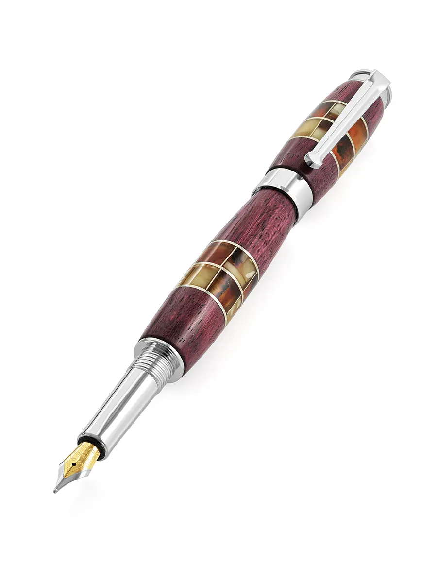 картинка Эффектная перьевая ручка из древесины амаранта и янтарной мозаики в онлайн магазине