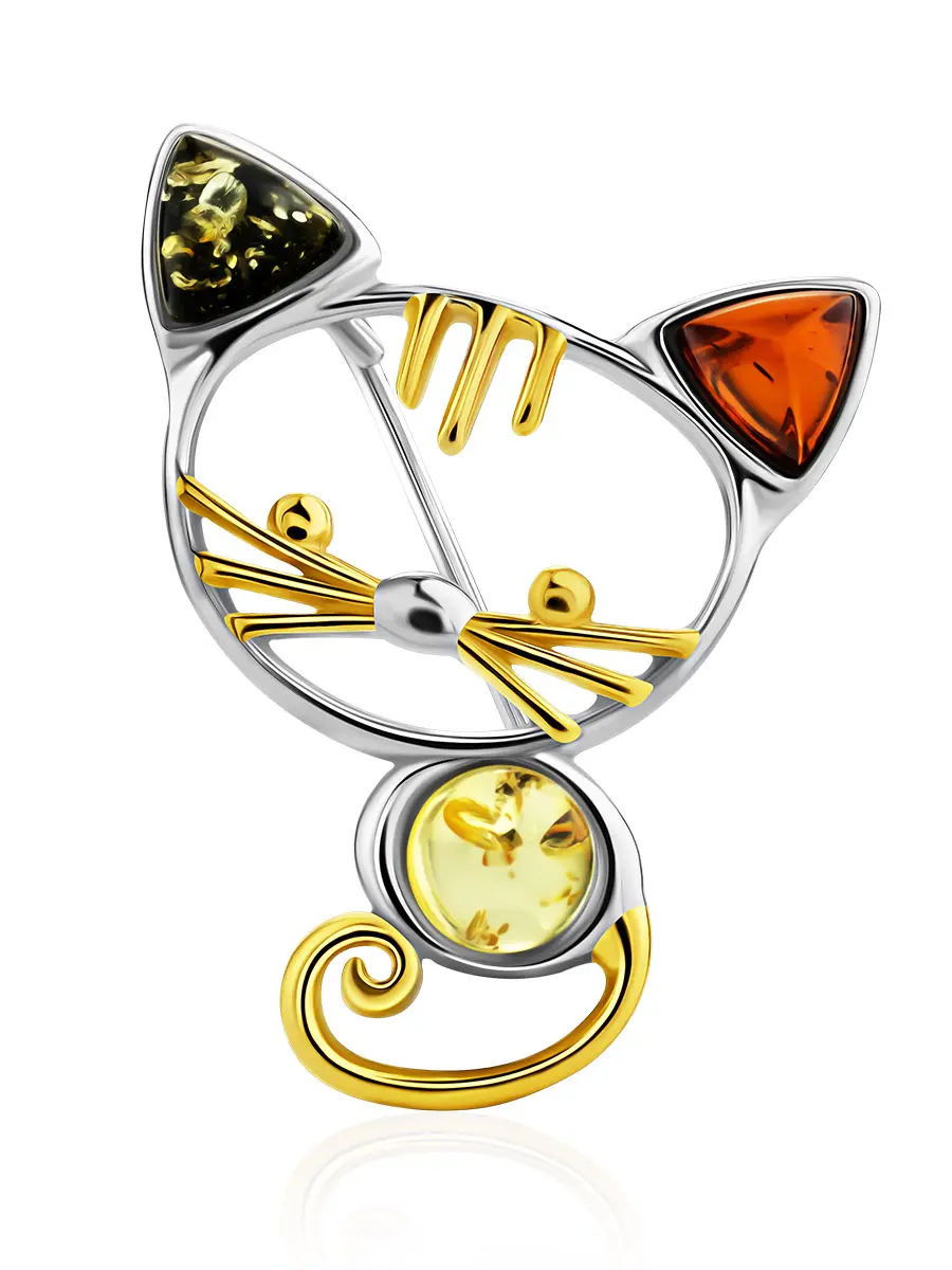 картинка Ажурная брошь «Котёнок» с янтарём разных оттенков в онлайн магазине