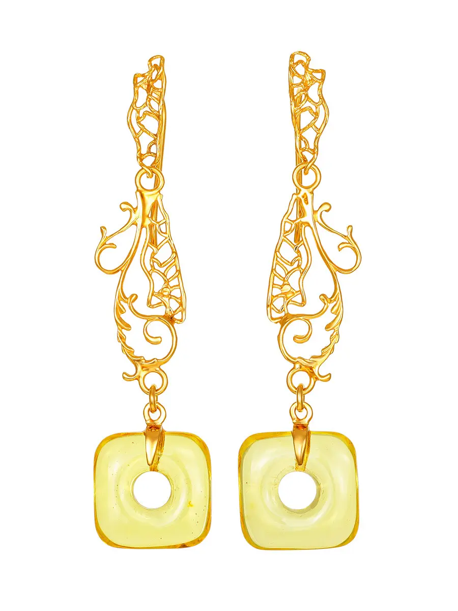 картинка Оригинальные эффектные серьги с ярко-лимонным янтарём «Донат» в онлайн магазине