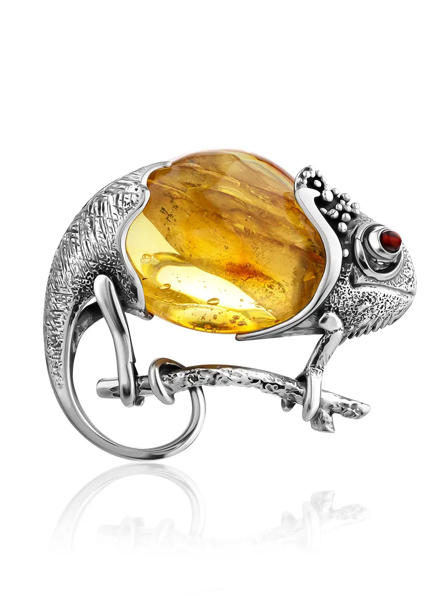картинка Оригинальная объёмная брошь из серебра и натурального янтаря «Хамелеон» в онлайн магазине