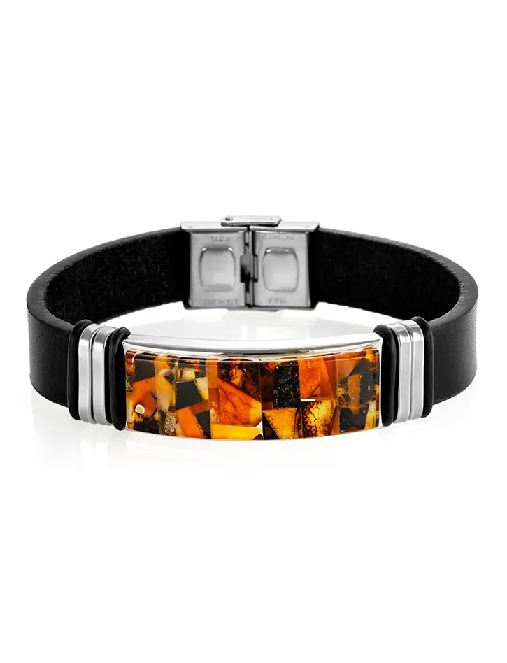 картинка Кожаный браслет, украшенный янтарной мозаичной вставкой «Сильверстоун» в онлайн магазине