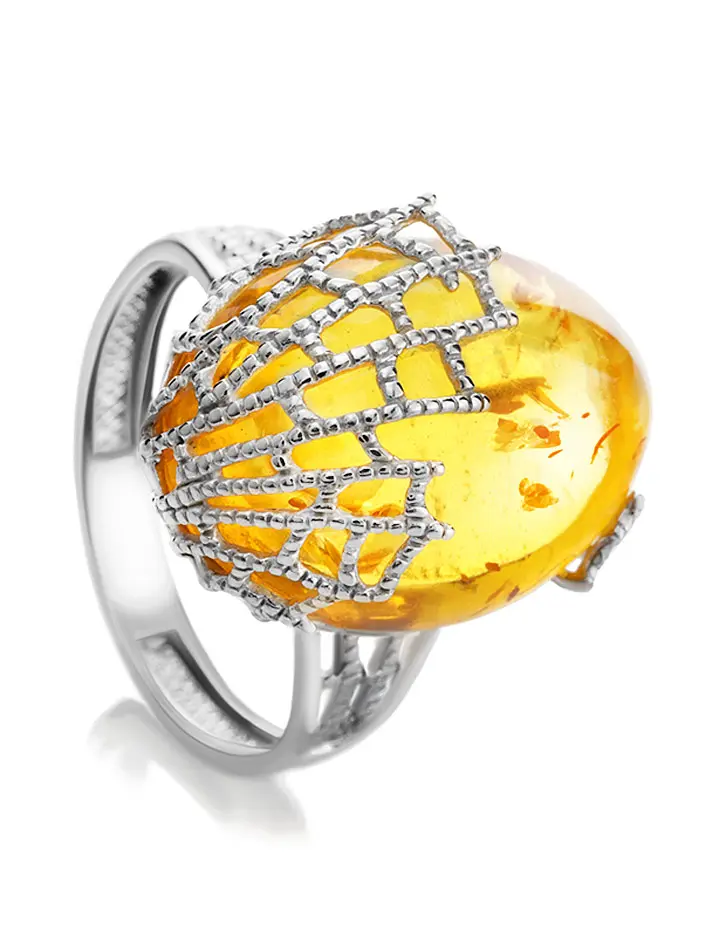 картинка Красивое кольцо из лимонного янтаря «Паутинка» в онлайн магазине