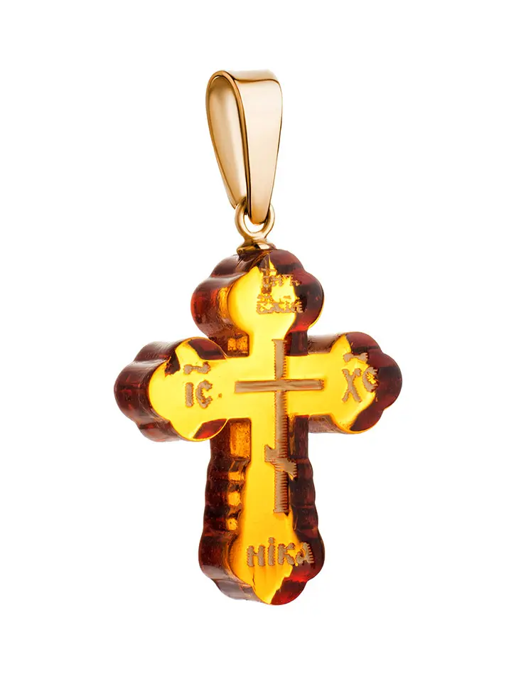 картинка Изящный резной крестик из натурального коньячного янтаря и золота в онлайн магазине