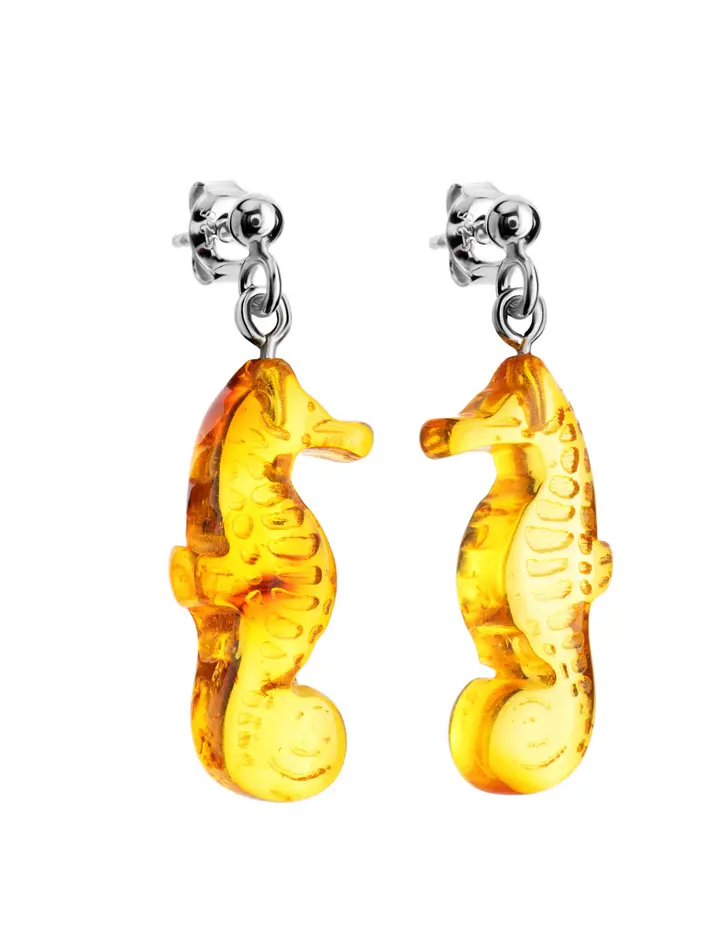 картинка Очаровательные серьги с натуральным янтарём золотисто-лимонного цвета «Морской конёк» в онлайн магазине