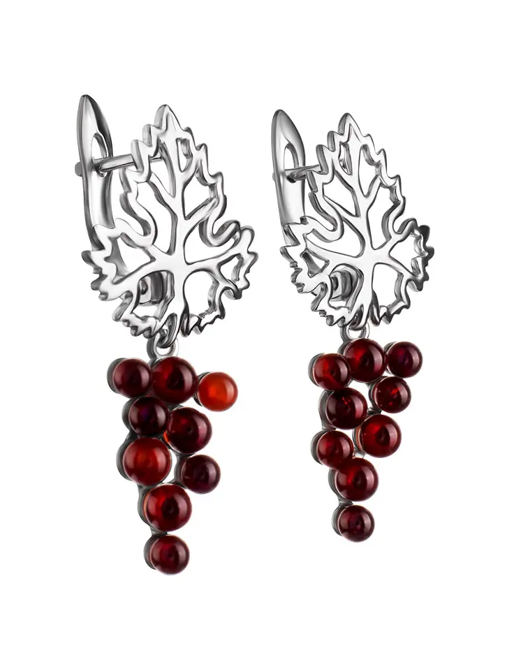 картинка Красивые серьги «Виноград» из натурального вишнёвого янтаря в серебре в онлайн магазине