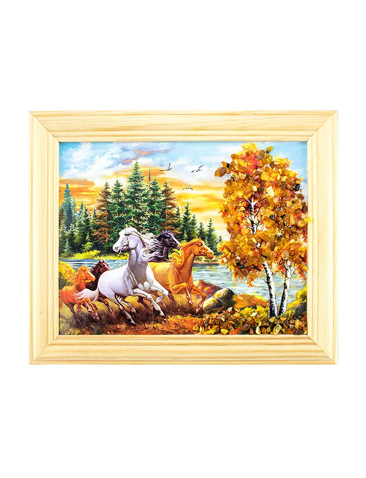картинка «Лошади». Небольшая горизонтальная картина, украшенная янтарем в онлайн магазине