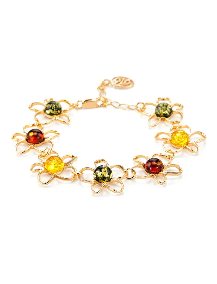 картинка Очаровательный яркий браслет из золочённого серебра с янтарём «Ромашка» в онлайн магазине