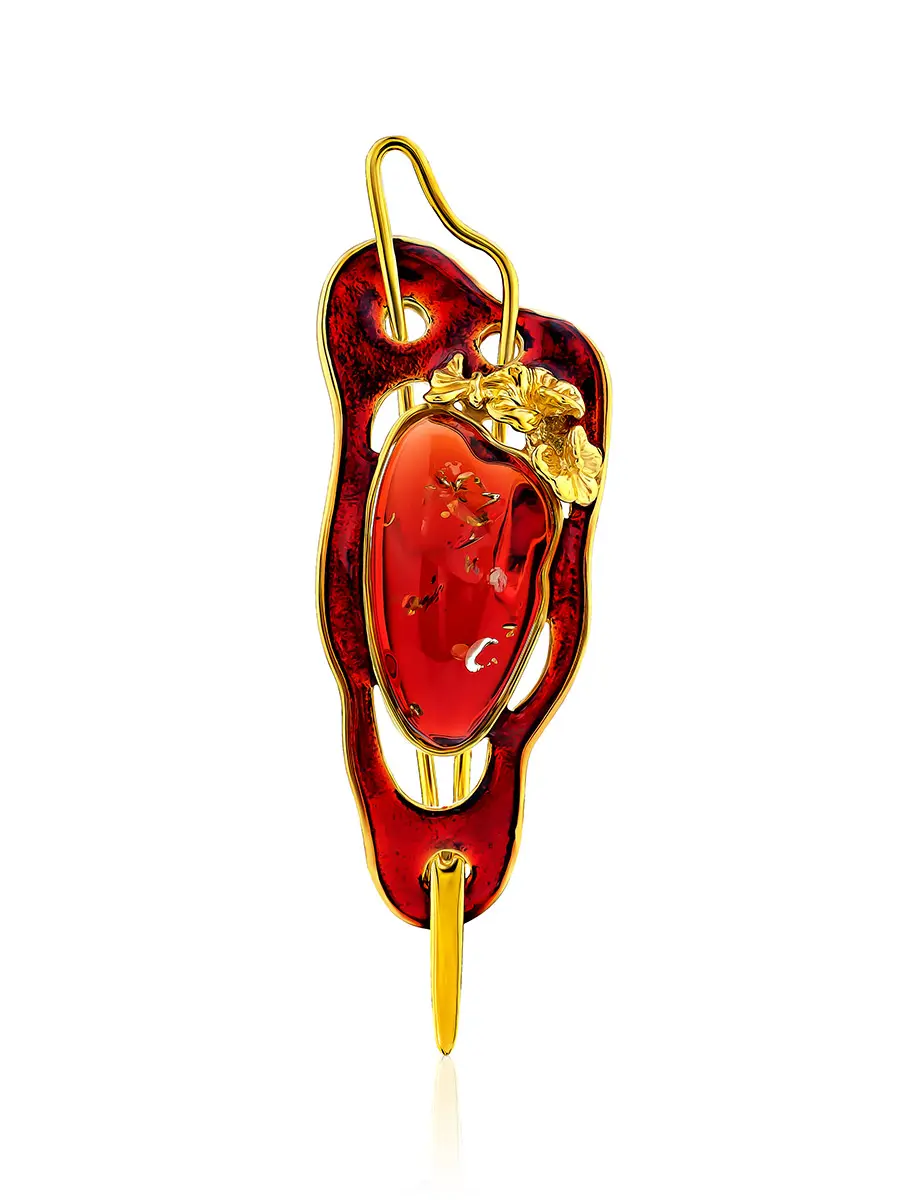 картинка Роскошная яркая заколка из позолоченного серебра и красного янтаря «Версаль» в онлайн магазине