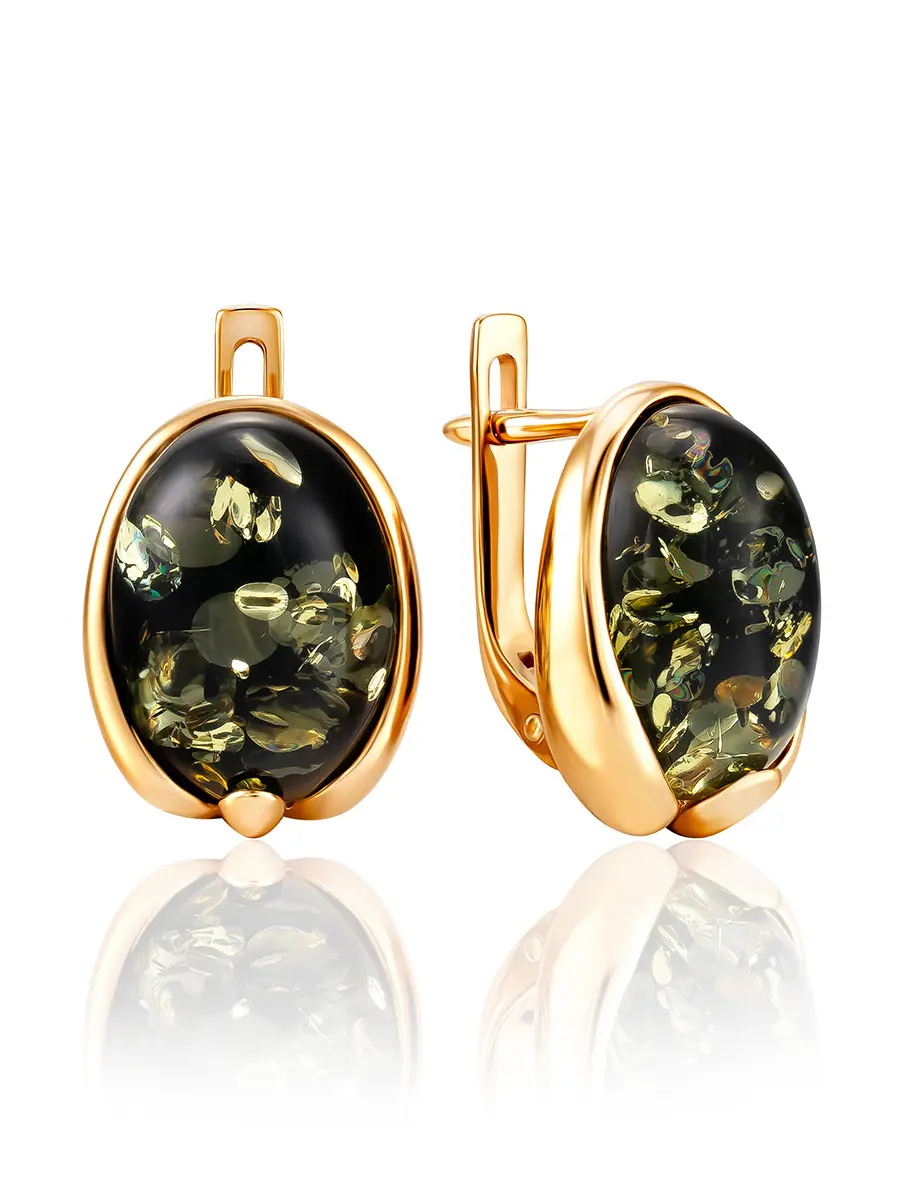 картинка Овальные серьги «Астрид» из золота с натуральным зелёным янтарём в онлайн магазине