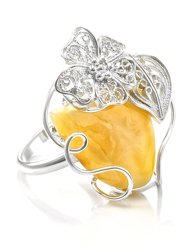 картинка Оригинальное кольцо из серебра с натуральным пейзажным янтарём «Филигрань» в онлайн магазине