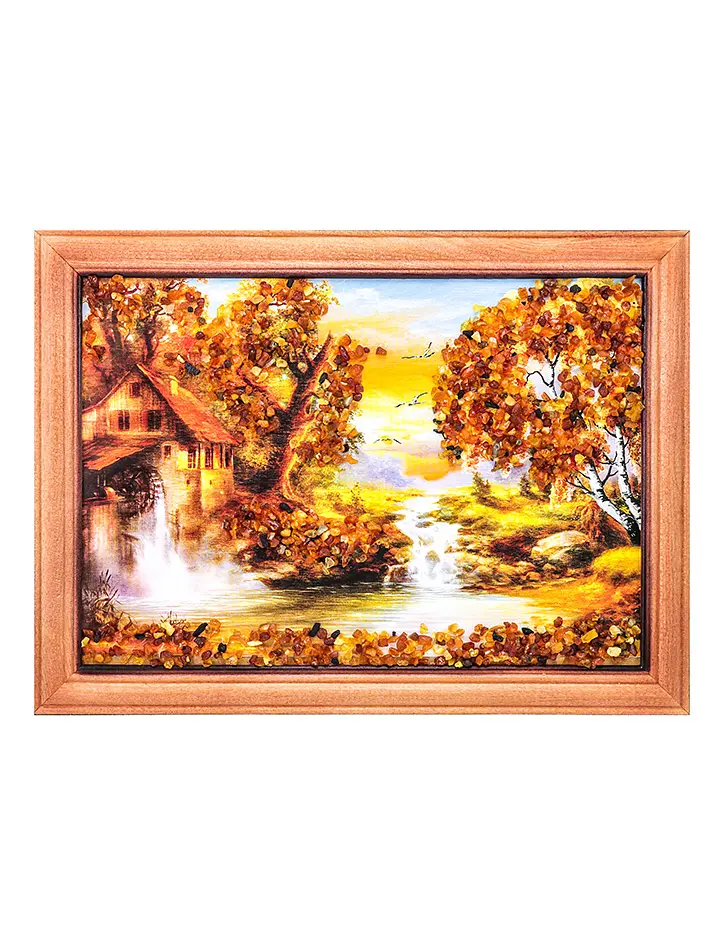 картинка Живописная картина, украшенная натуральным янтарём «Водяная мельница» 17 (В) х 24 (Ш) в онлайн магазине