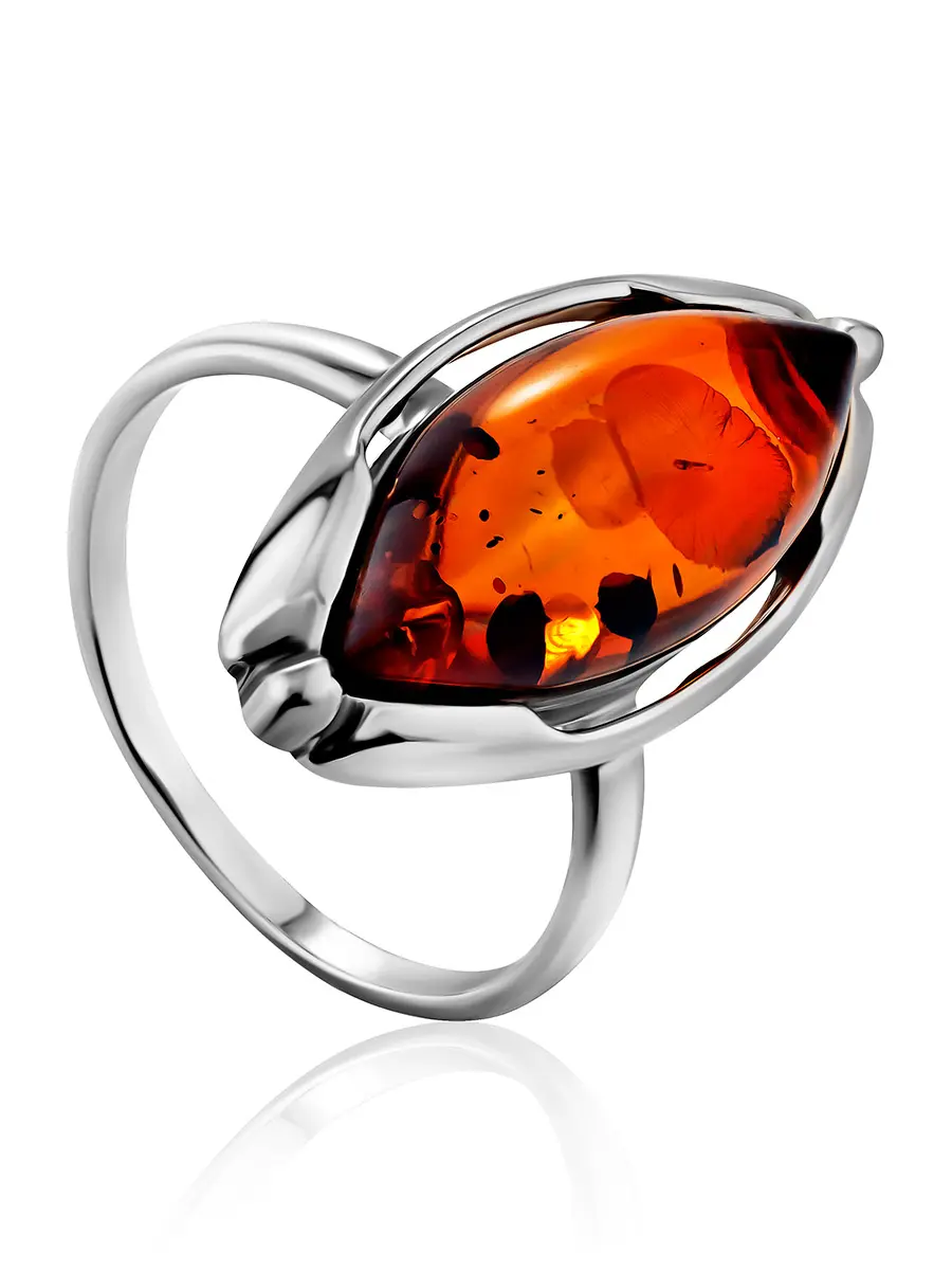 картинка Серебряное кольцо с натуральным янтарём коньячного цвета «Баллада» в онлайн магазине
