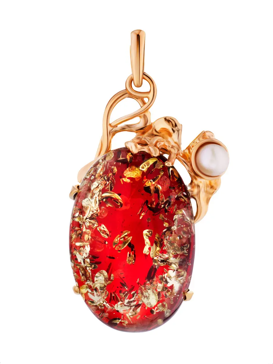 картинка Подвеска «Версаль» из натурального янтаря в золочённой оправе с жемчугом  в онлайн магазине