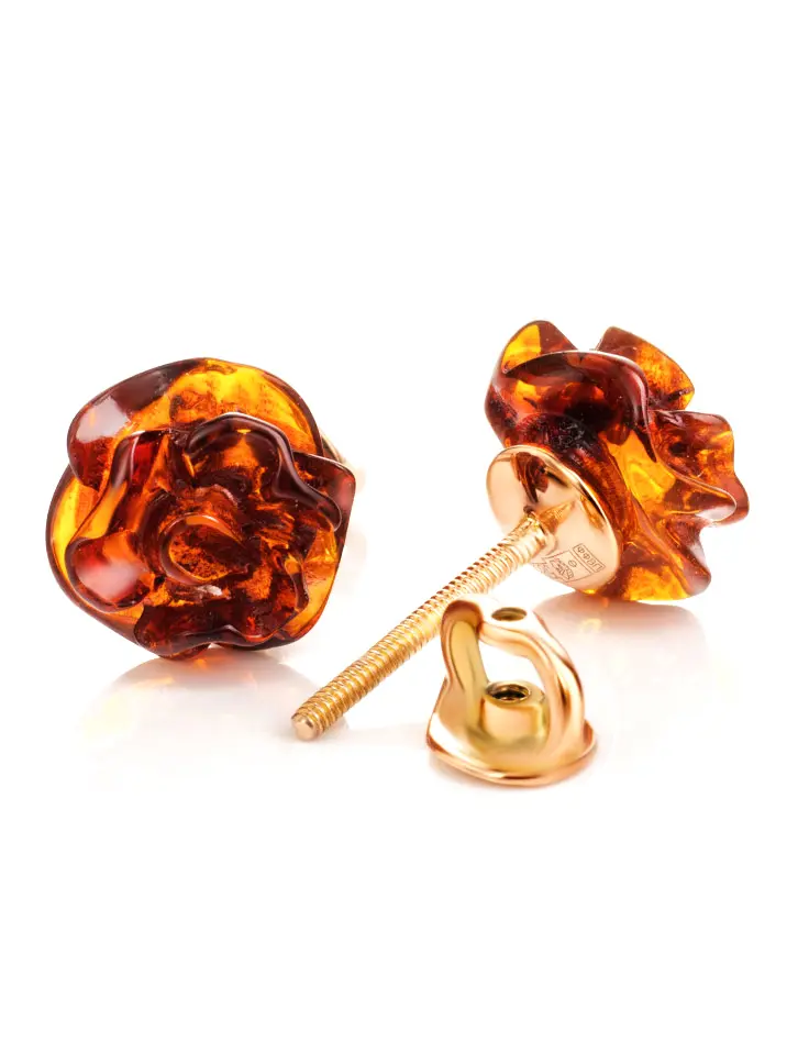 картинка Небольшие лёгкие серьги-гвоздики из золота и натурального янтаря «Розочки» в онлайн магазине