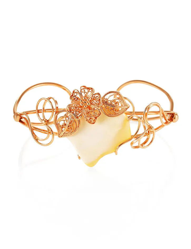 картинка Уникальный браслет «Филигрань» из золочённого серебра с белым янтарём в онлайн магазине
