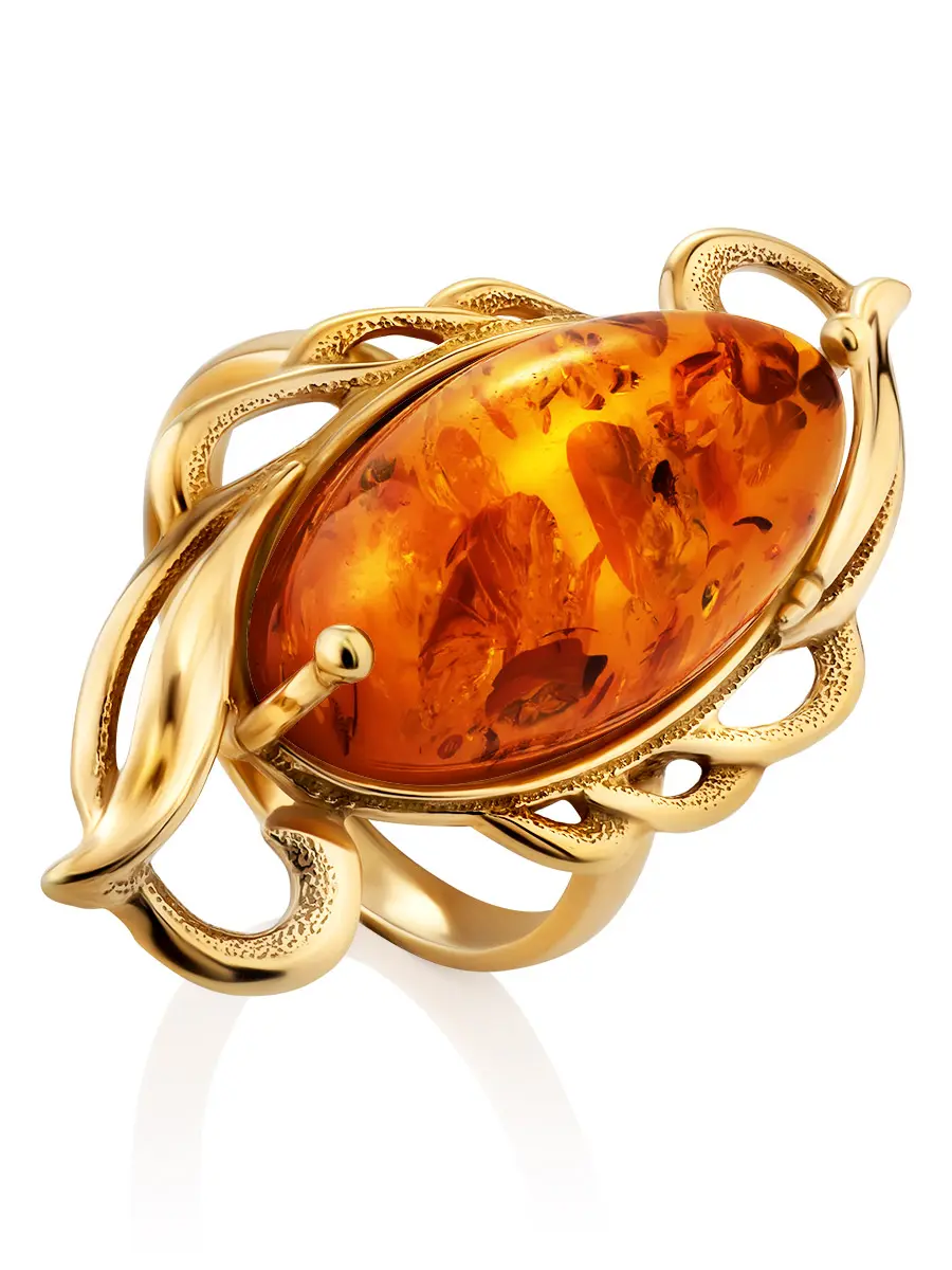 картинка Роскошное крупное кольцо из янтаря коньячного цвета «Жар Птица» в онлайн магазине