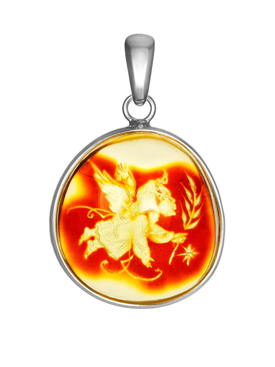 картинка Красивый кулон с резьбой «Ангелочек» из натурального янтаря и серебра в онлайн магазине
