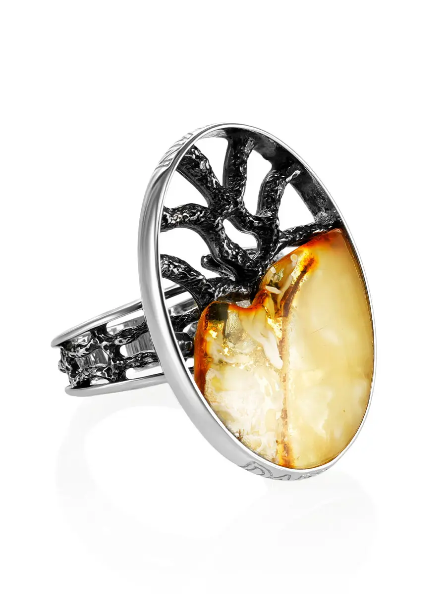 картинка Овальное кольцо со вставкой пейзажного янтаря «Модерн» в онлайн магазине