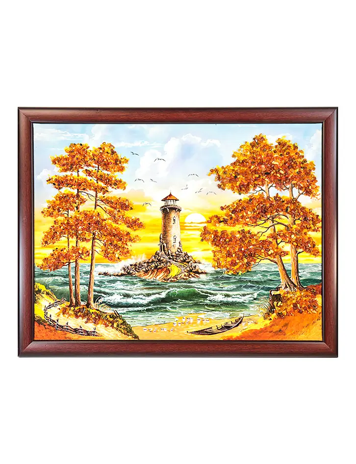 картинка Украшенная натуральным балтийским янтарём горизонтальная картина «Маяк на острове» в онлайн магазине