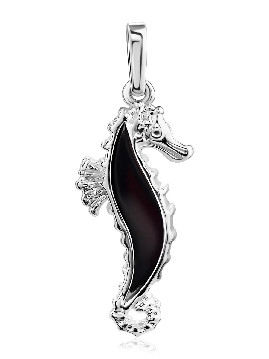 картинка Миниатюрный кулон «Морской конёк» с натуральным тёмно-вишнёвым янтарём в онлайн магазине