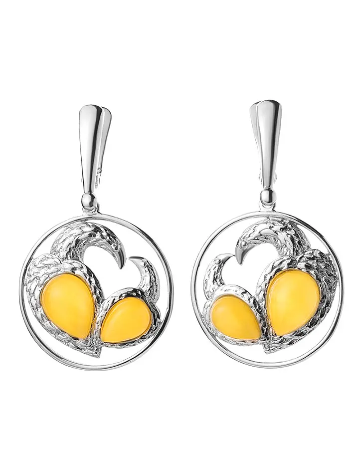 картинка Оригинальные серебряные серьги с цельным медовым янтарём «Лирика» в онлайн магазине